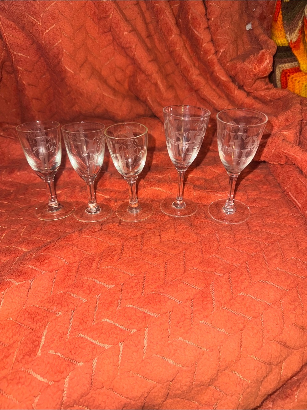 Rare Vintage Set of 5 Etched Bamboo Stemmed Cordial / Wine Glasses